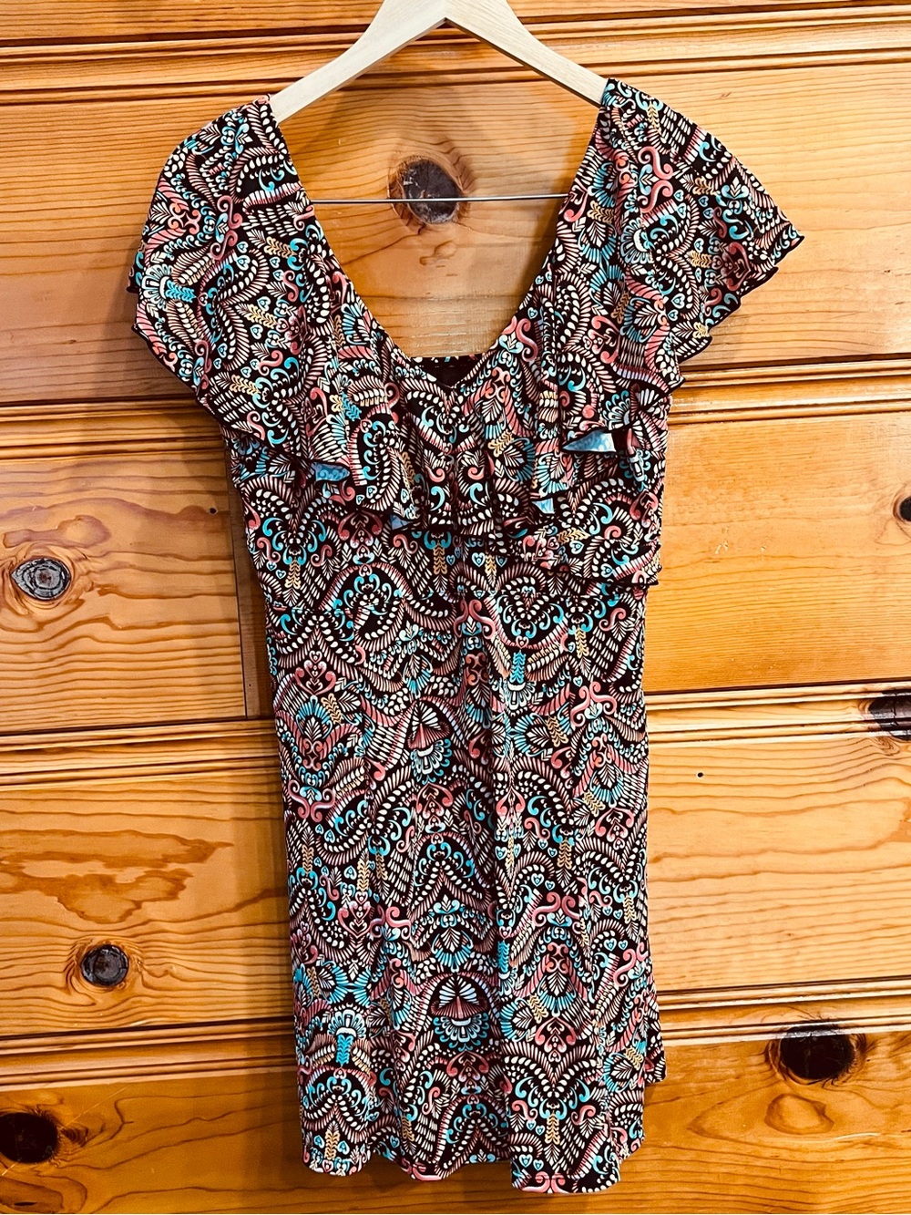 Fit 4 U Fit 4 Ur Thighs Flounce Flutter Sleeve Paisley 1-Piece Swimdress 16